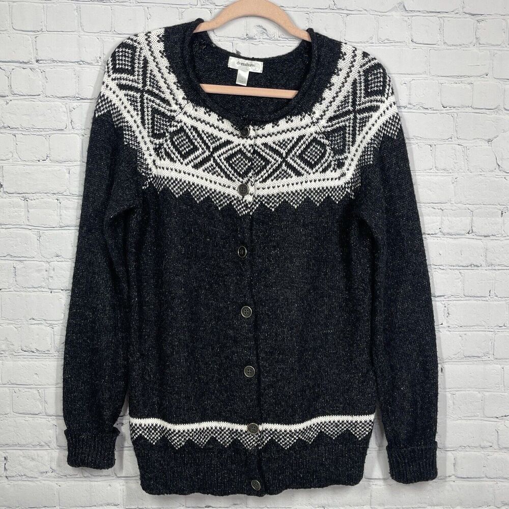 VTG Dressbarn Cardigan Large Black Grannycore Fair Isle Aztec Cozy Sweater